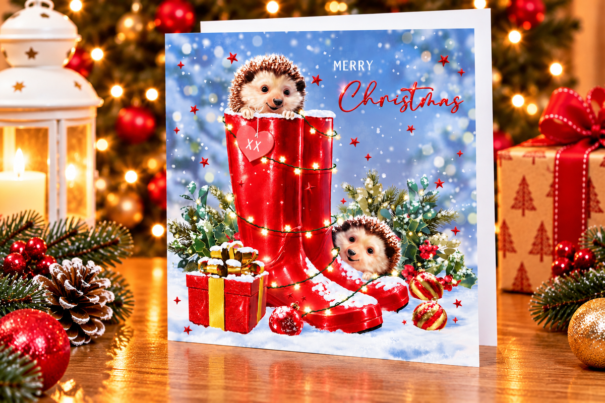 Hedgehog Christmas card displayed on festive table
