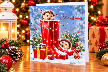 Hedgehog Christmas card displayed on festive table