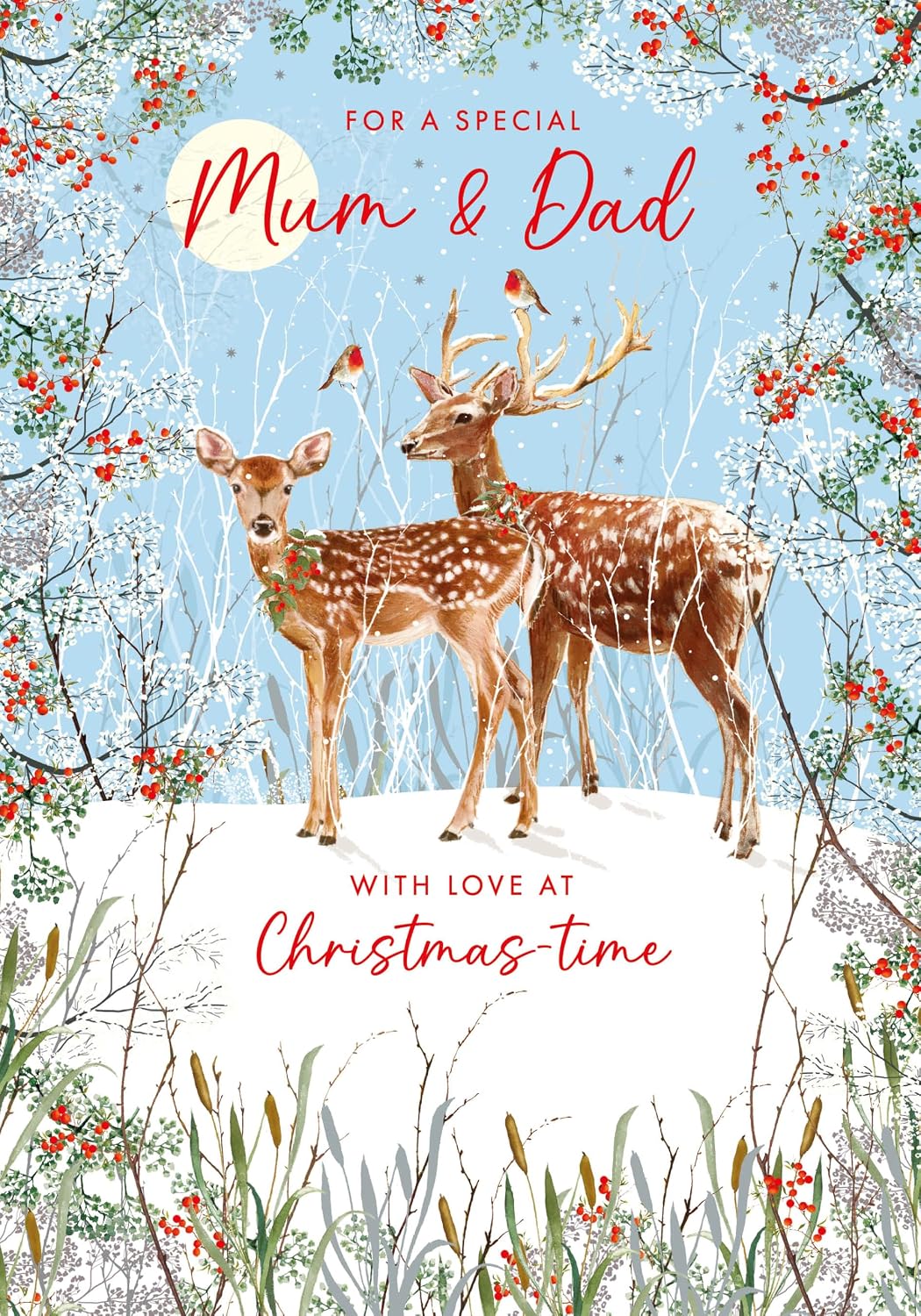 Nigel Quiney Mum and Dad Christmas card front with deer and robins in snow