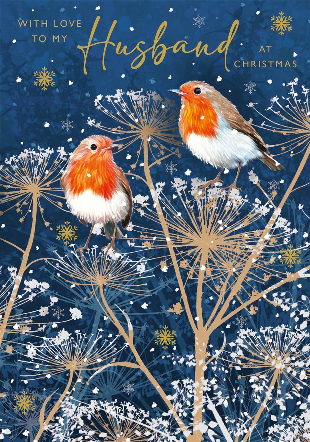 Nigel Quiney Husband Christmas card with two robins and gold winter foliage – front