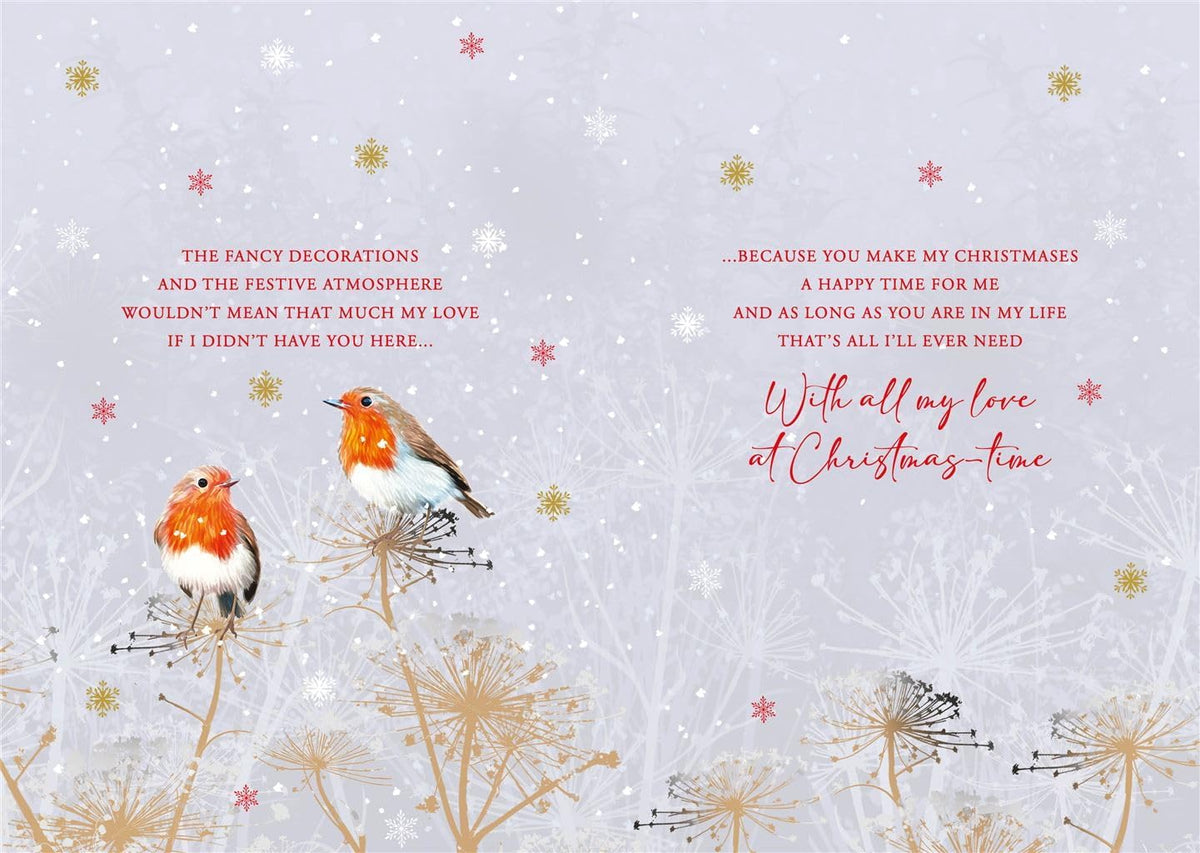 Inside printed Christmas verse for husband on Nigel Quiney robin card