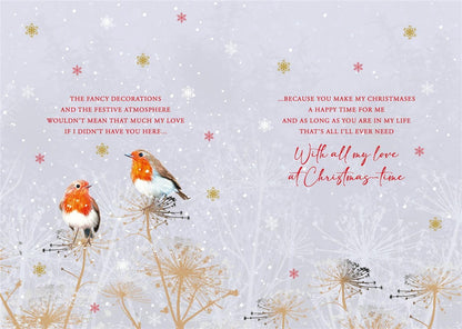 Inside printed Christmas verse for husband on Nigel Quiney robin card