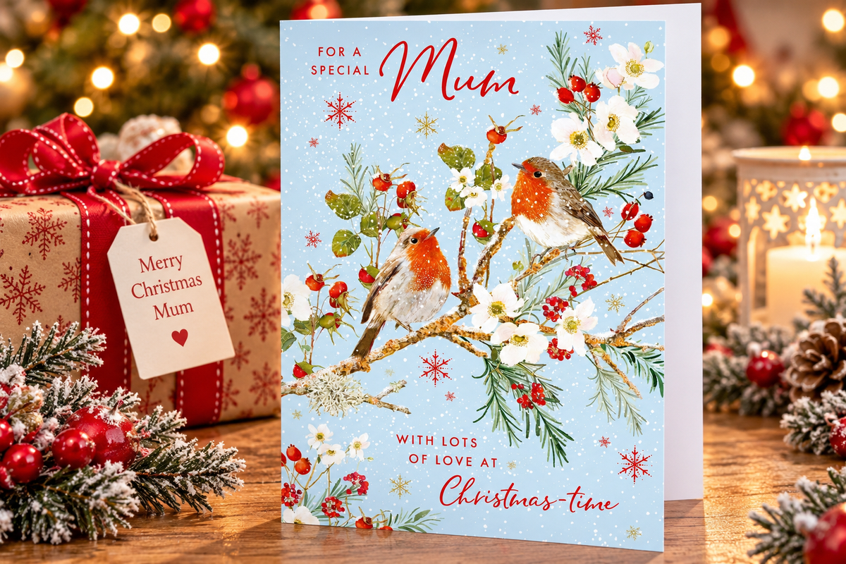 Special Mum Christmas card with robins displayed beside festive present and lantern