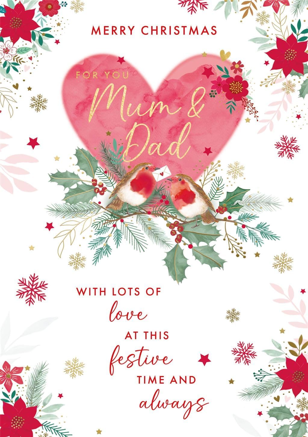 Nigel Quiney Mum and Dad Christmas card front with pink heart, two robins, holly and flowers