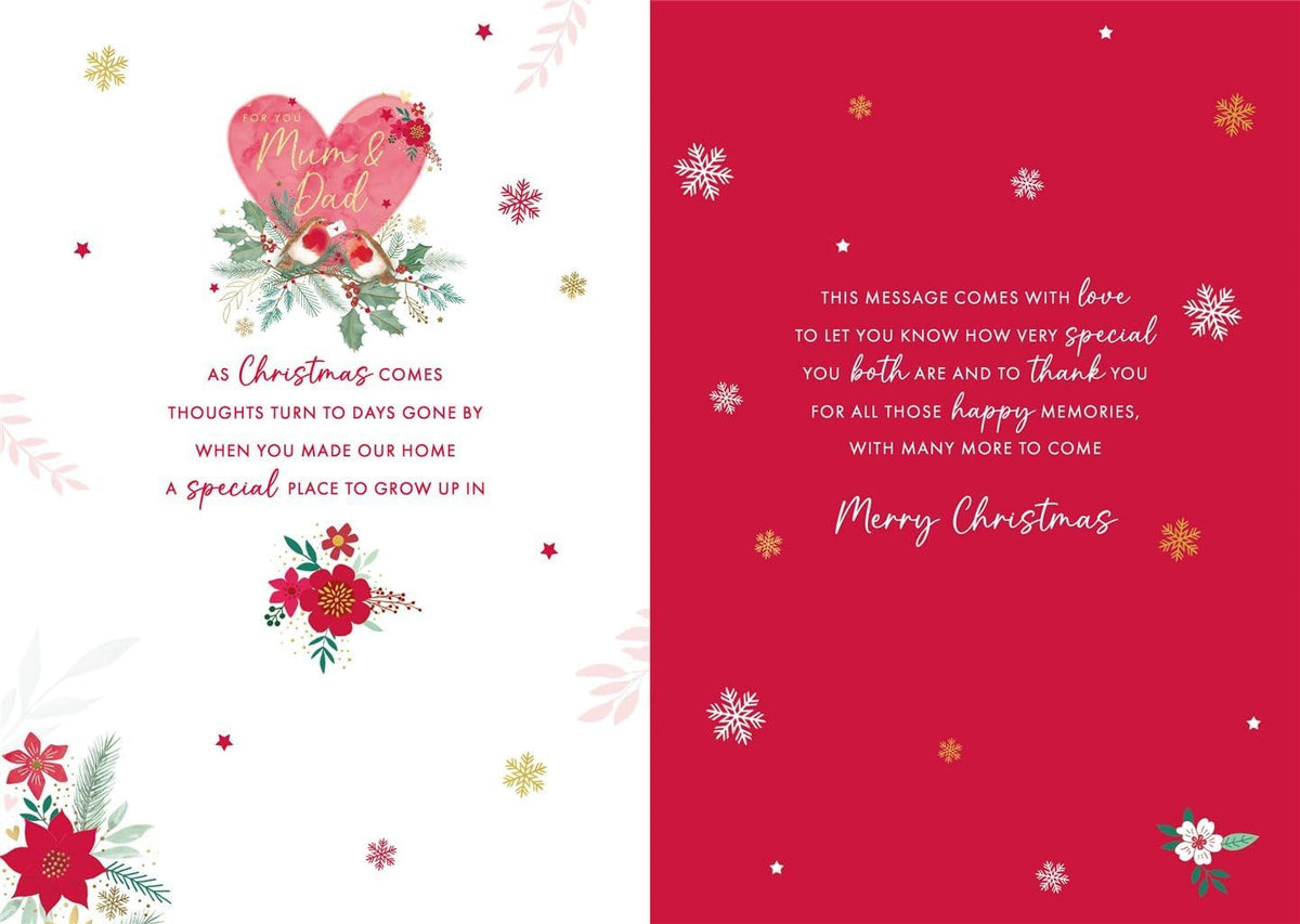 Inside of Mum and Dad Christmas card with sentimental verse and Merry Christmas message