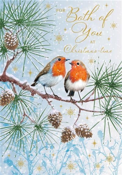 Front of Nigel Quiney For Both of You Christmas card with two robins on a snowy pine branch and gold lettering