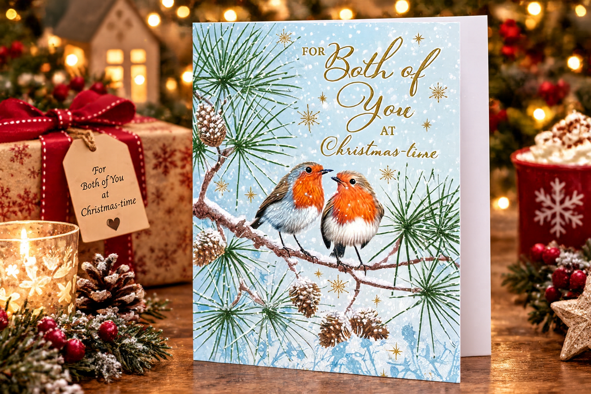 For Both of You robin Christmas greeting card displayed with wrapped gift, candle and festive decorations