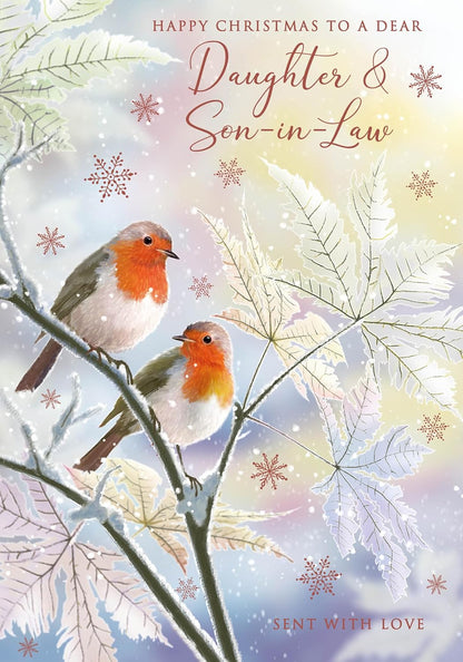 Front of Nigel Quiney Daughter and Son-in-Law Christmas card showing two robins on snowy branches