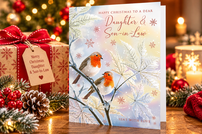 Daughter and Son-in-Law Christmas robin card displayed with wrapped present and festive lights