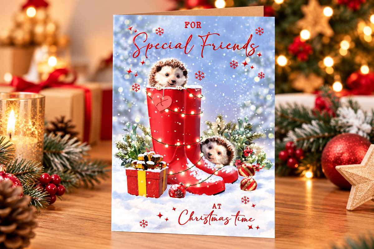 Otter House Special Friends Christmas card featuring hedgehogs in red wellies – lifestyle photograph