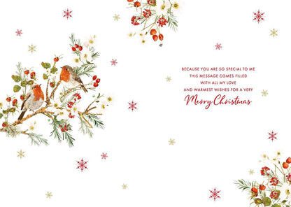 Inside of Wife Christmas card showing robin illustration and printed loving Christmas verse