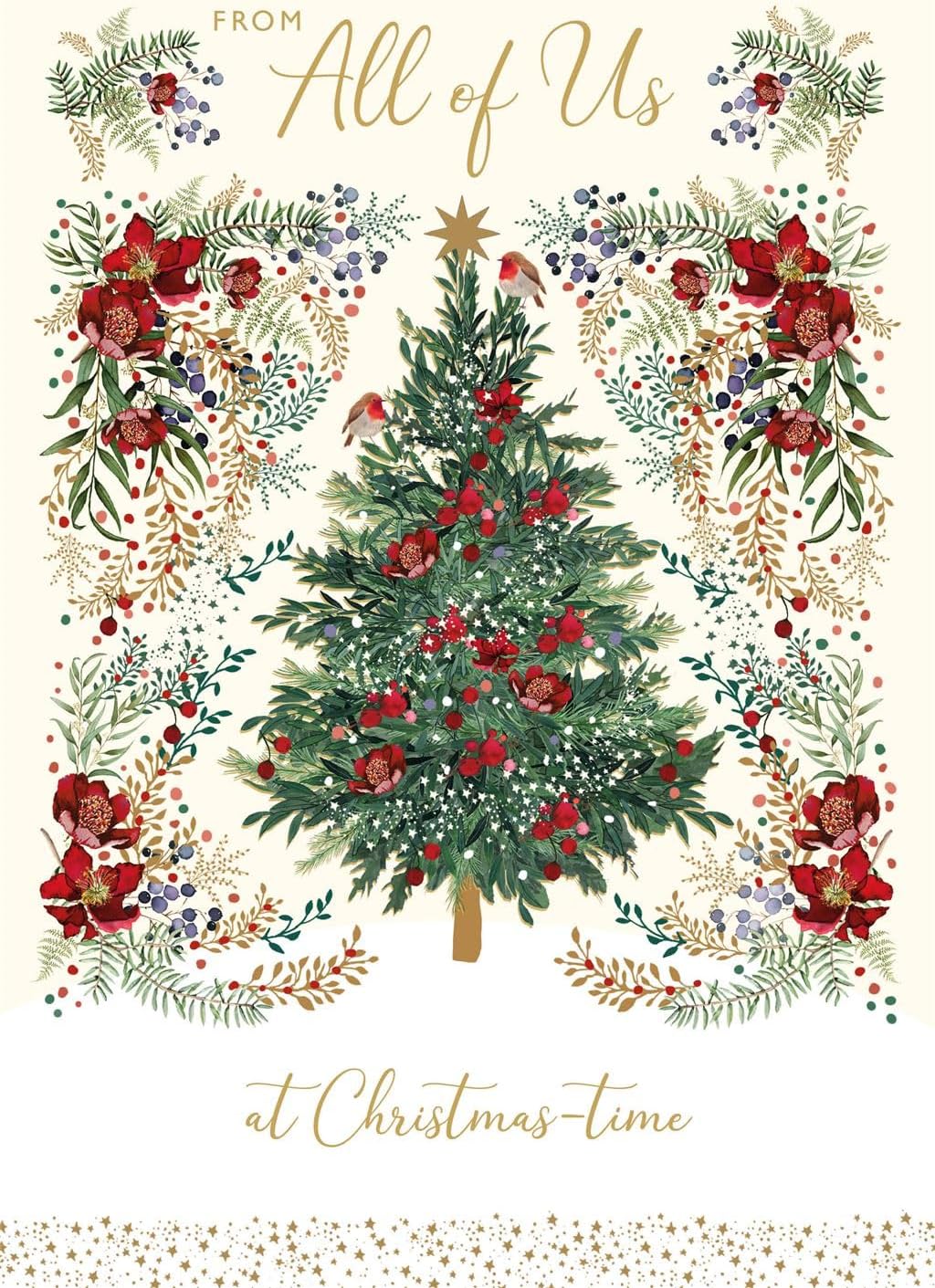 Front of From All of Us Nigel Quiney Christmas card with decorated tree and robins