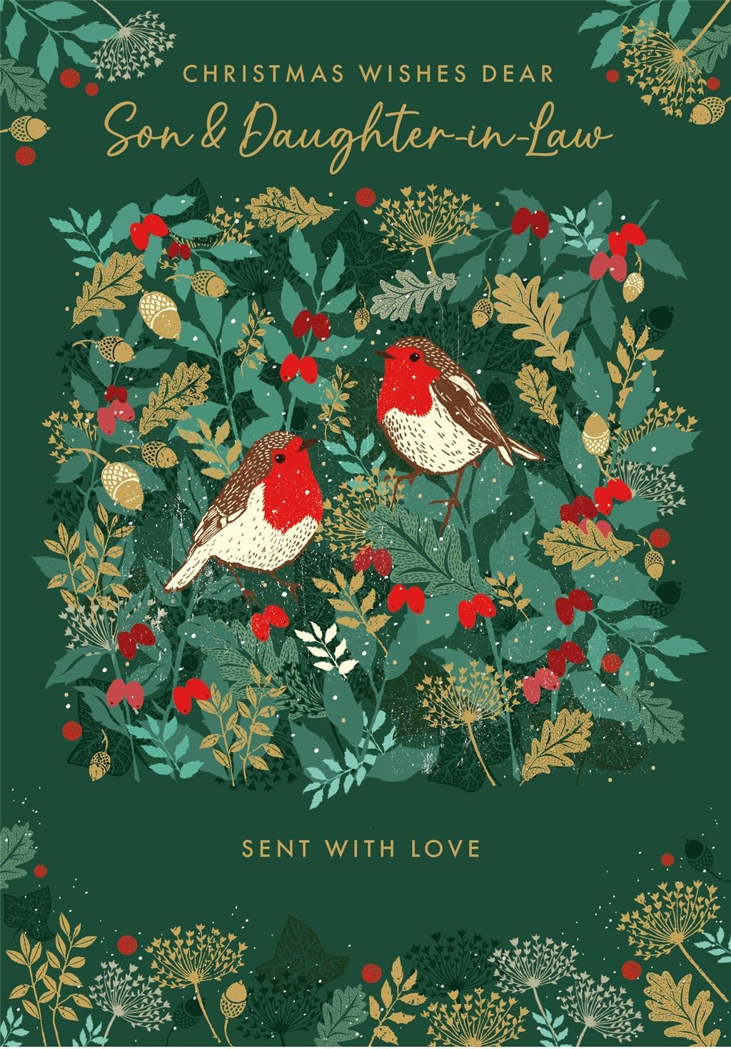 Front of Nigel Quiney Son and Daughter-in-Law Christmas card with two robins on dark green foliage