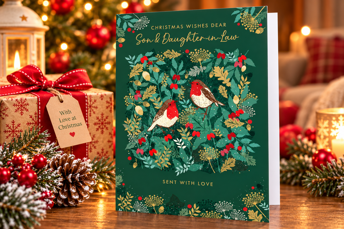 Nigel Quiney Son and Daughter-in-Law Christmas card on festive wooden table
