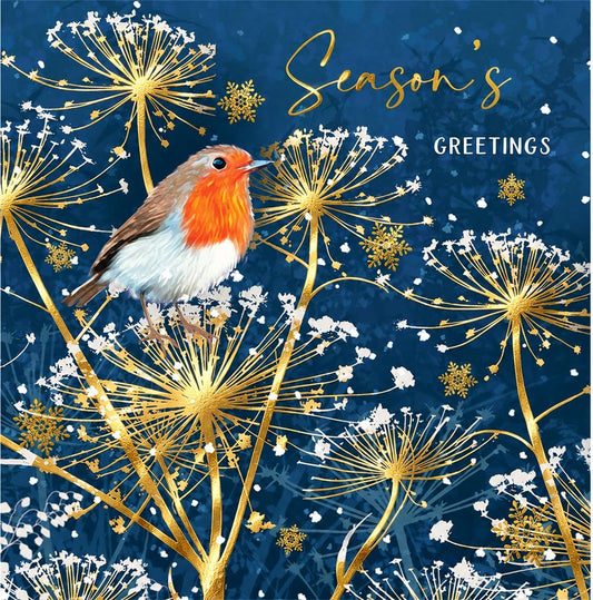 Front of Nigel Quiney robin Season's Greetings Christmas card with gold seedheads on navy blue