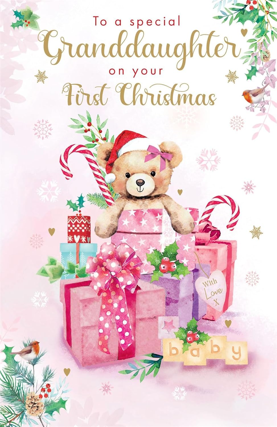 Nigel Quiney granddaughter first Christmas card front with teddy bear and pink gifts