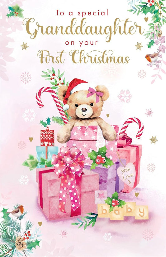 Nigel Quiney granddaughter first Christmas card front with teddy bear and pink gifts
