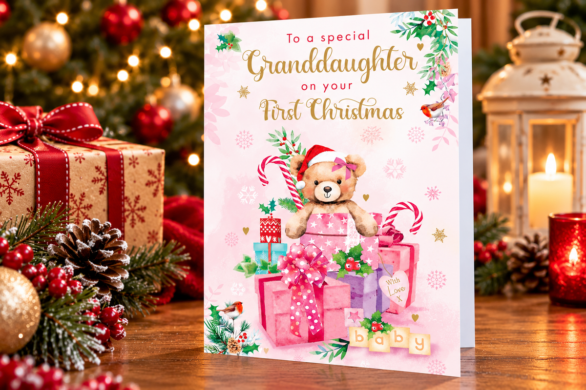Granddaughter first Christmas teddy bear greeting card displayed in festive setting