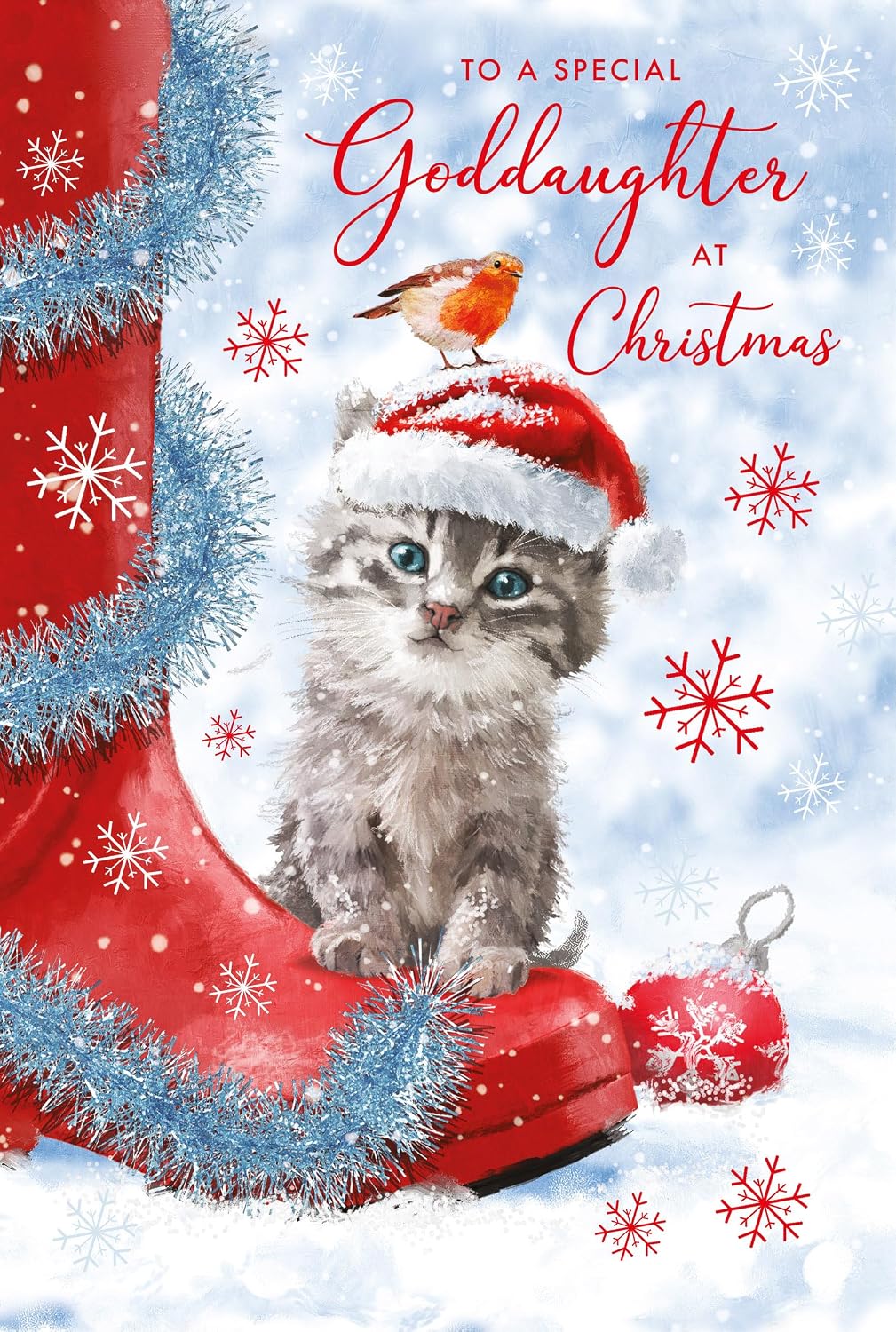Special Goddaughter Christmas card front featuring kitten in Santa hat, robin and red stocking