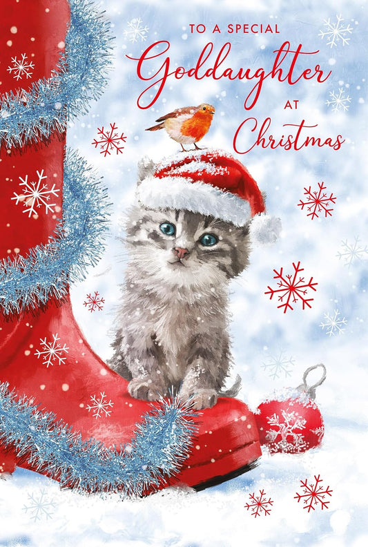 Special Goddaughter Christmas card front featuring kitten in Santa hat, robin and red stocking