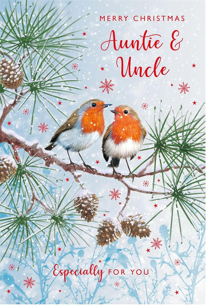 Auntie and Uncle Christmas card front with two robins on snowy pine branches