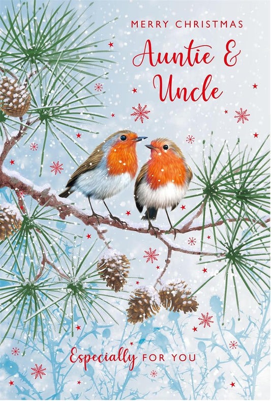Auntie and Uncle Christmas card front with two robins on snowy pine branches