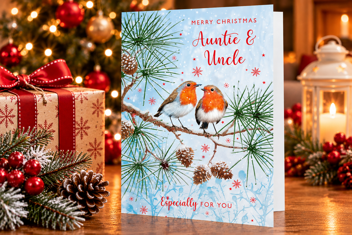 Nigel Quiney Auntie and Uncle robin Christmas card on festive table beside wrapped gift
