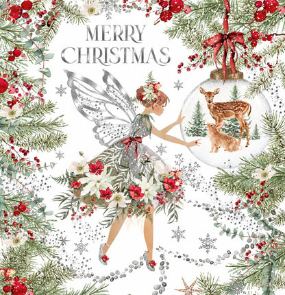 Nigel Quiney Merry Christmas fairy and woodland snow globe greeting card front