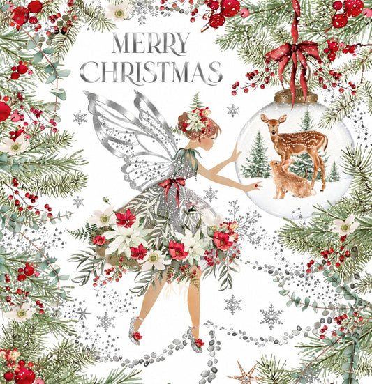 Nigel Quiney Merry Christmas fairy and woodland snow globe greeting card front