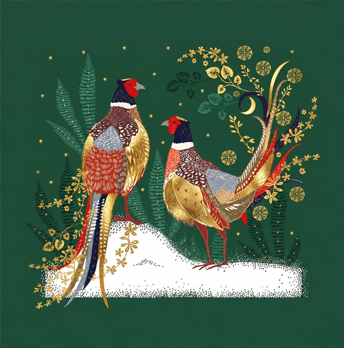 Nigel Quiney Christmas card with two pheasants and gold foliage on dark green background