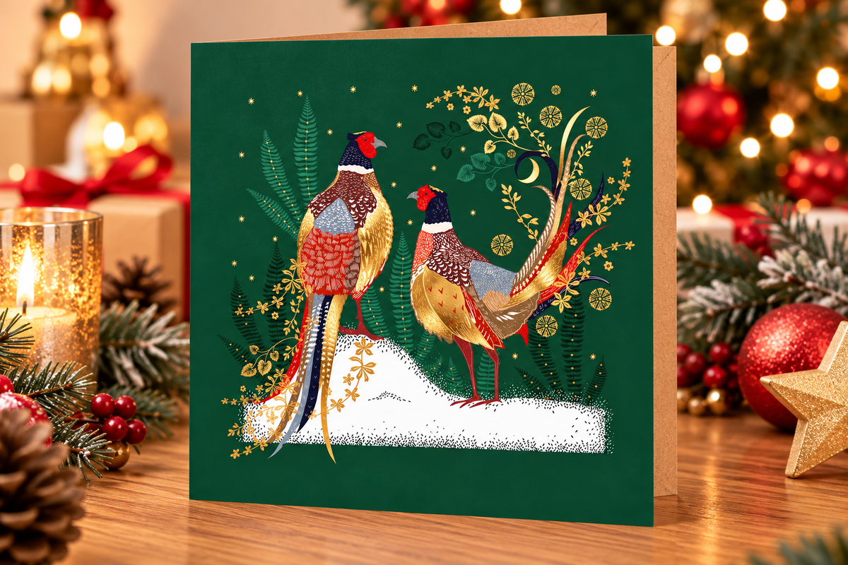 Pheasants Christmas card displayed on a festive table with candle and decorations