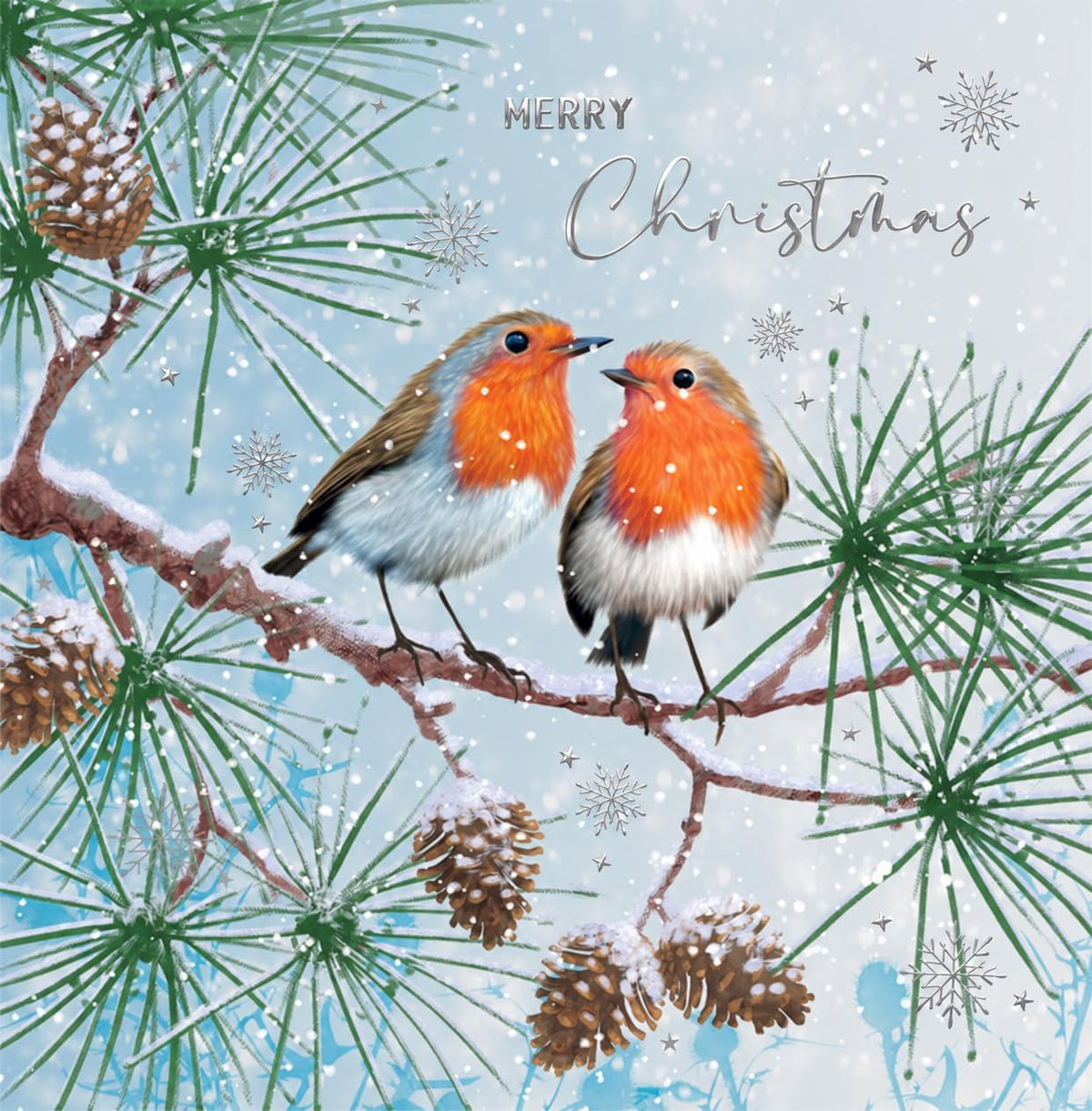 Front of Nigel Quiney Christmas card with two robins, snowy pine branches and silver Merry Christmas lettering