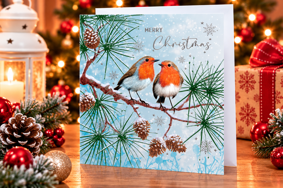 Two robins Nigel Quiney Christmas card standing on a festive table beside pinecones and Christmas lights