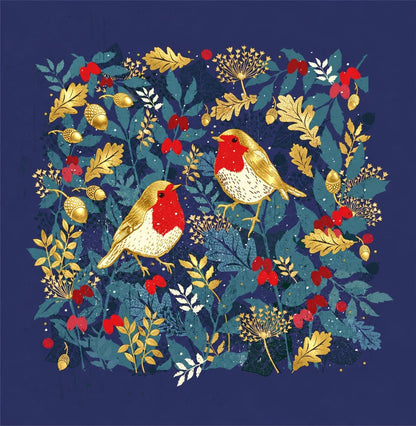 Front of Nigel Quiney Christmas card with two robins and gold foliage