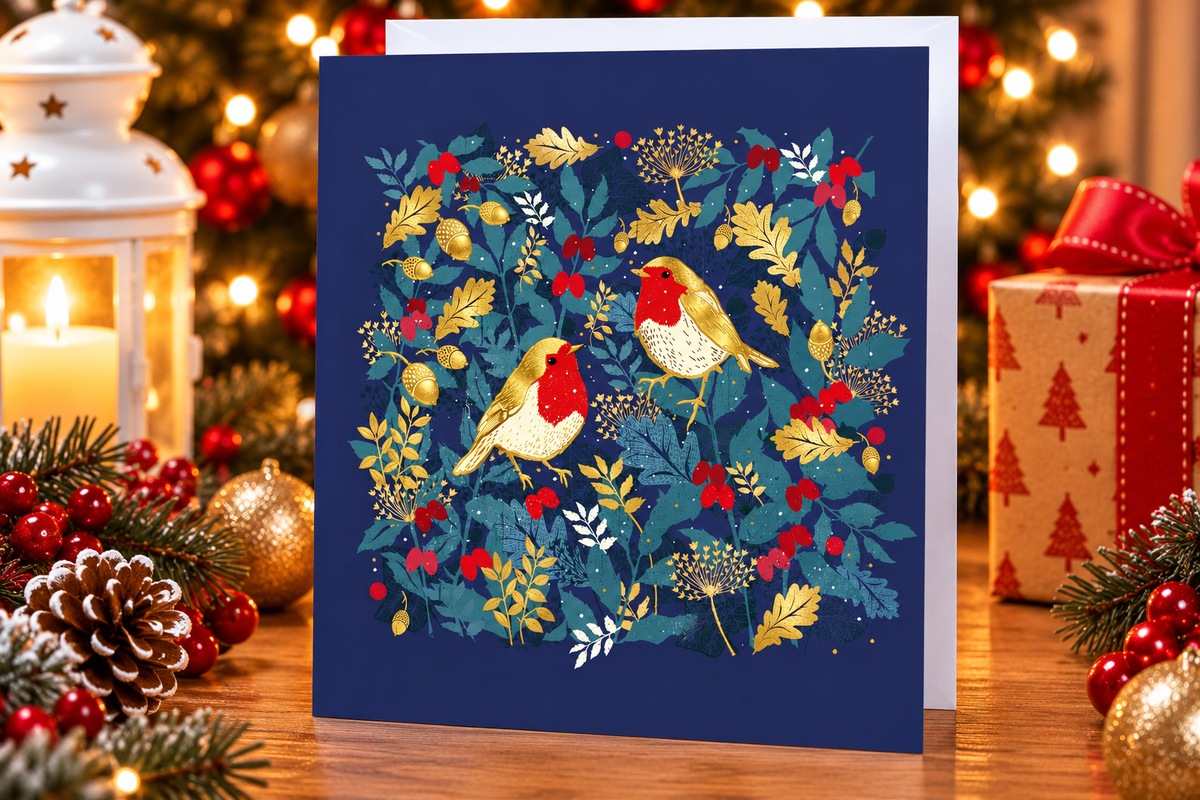 Robins Christmas card displayed on festive table with lantern and gifts