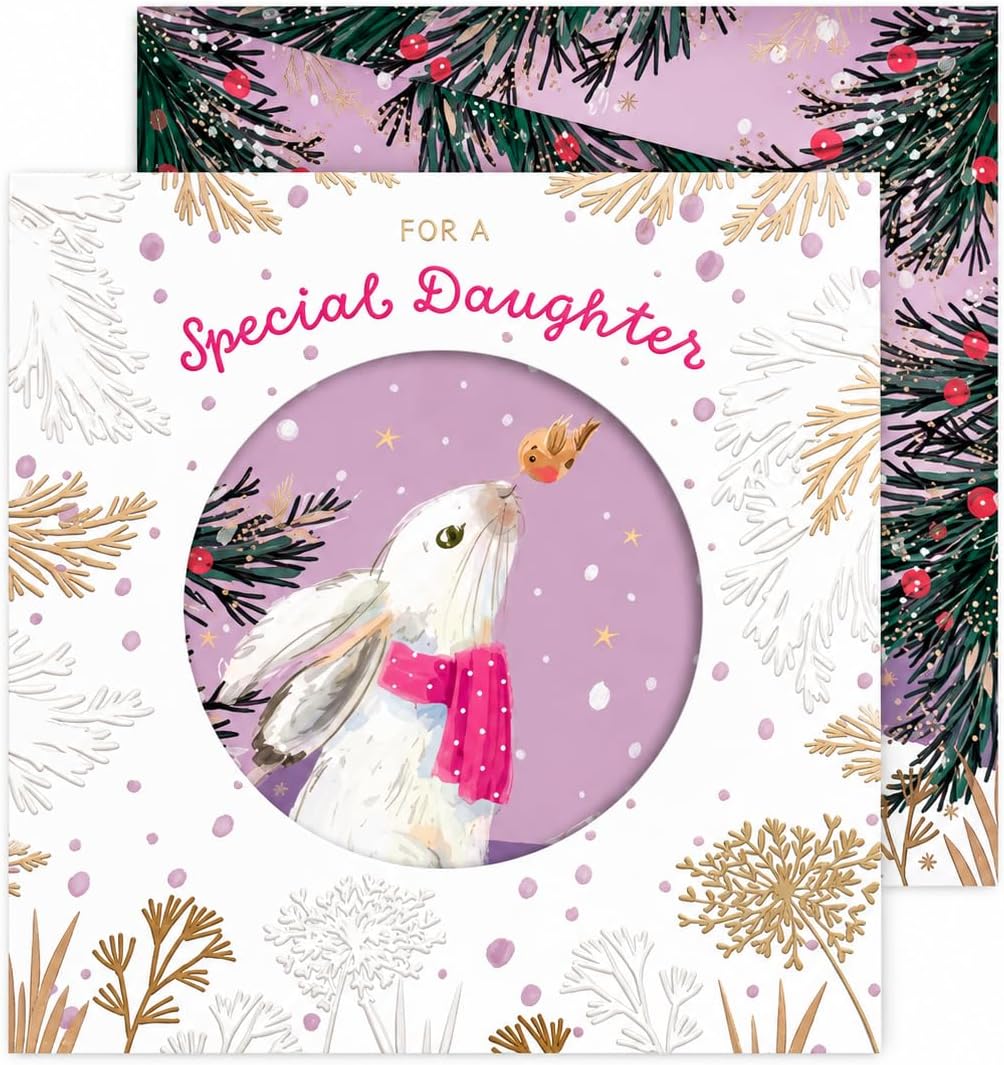 Otter House Special Daughter Christmas card front with white rabbit and robin