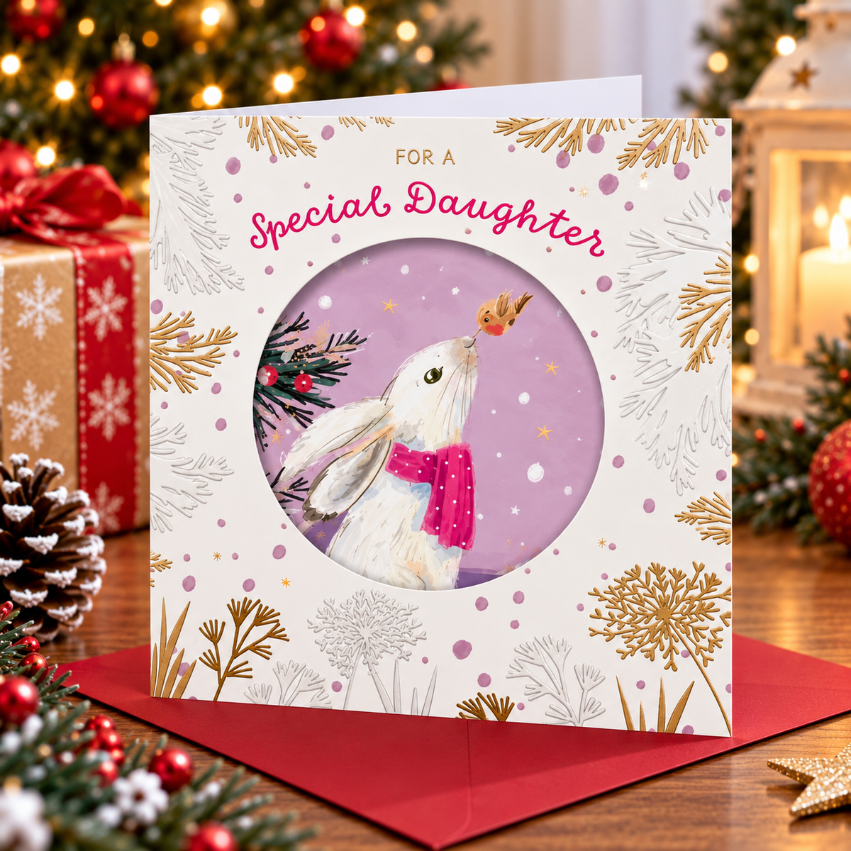 Otter House Special Daughter Christmas card rabbit and robin festive lifestyle photograph