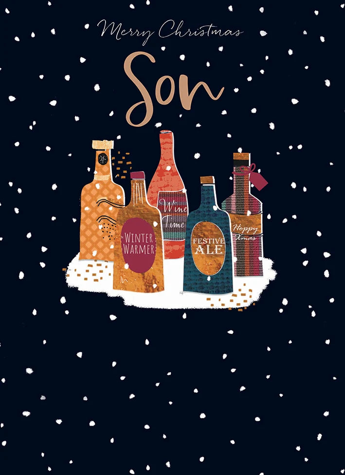 Otter House Son Christmas card front with Merry Christmas Son wording and festive drinks bottles on navy background