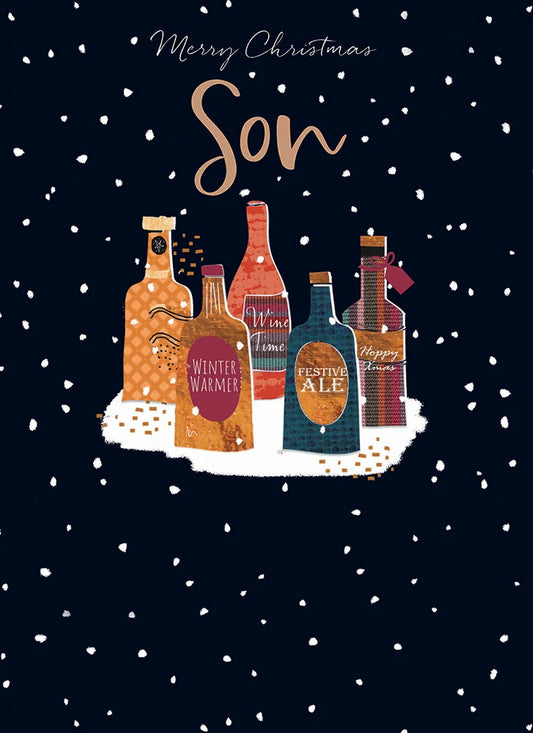 Otter House Son Christmas card front with Merry Christmas Son wording and festive drinks bottles on navy background