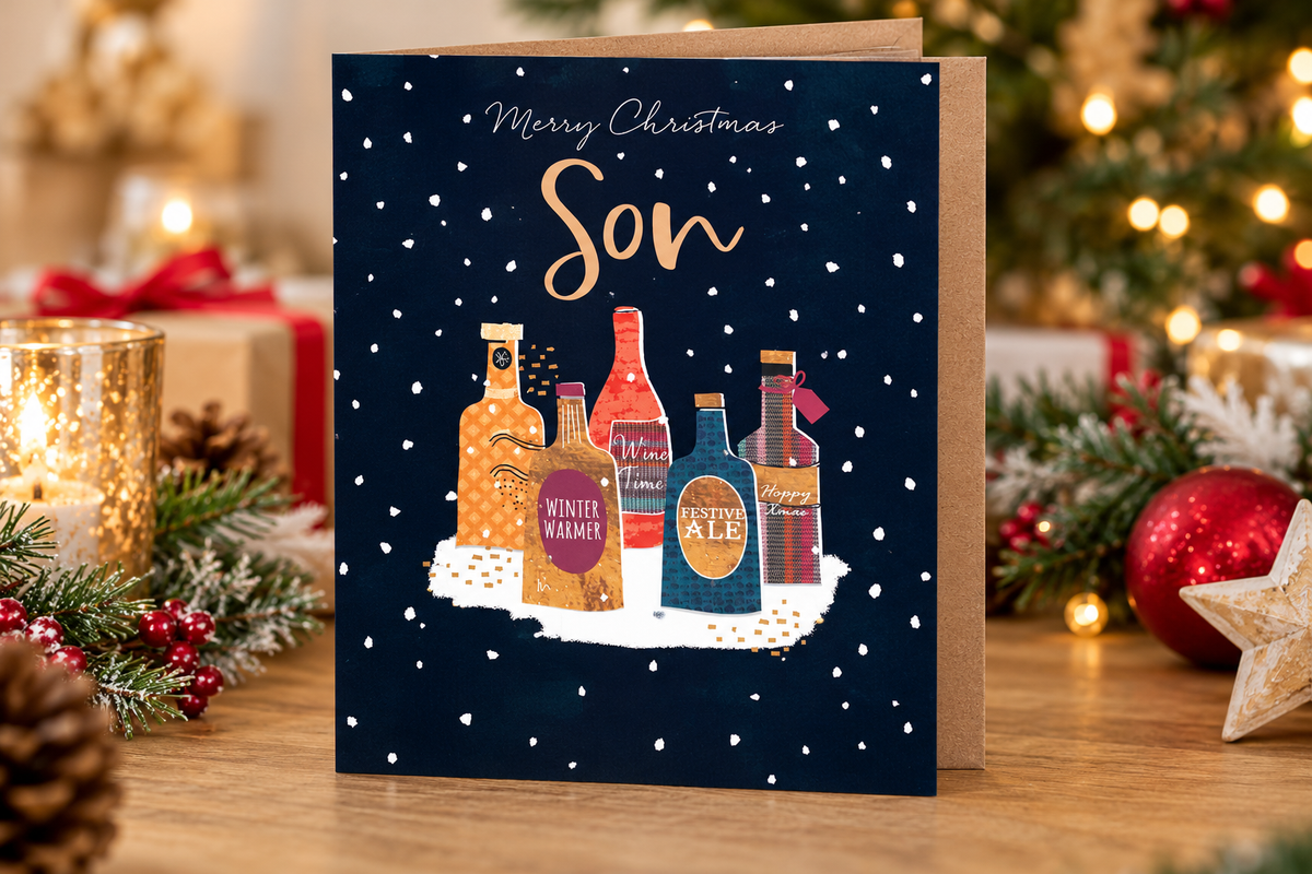Son Christmas card by Otter House displayed in festive home setting with Christmas decorations