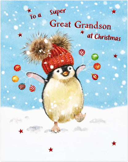 Front of Otter House Great Grandson Christmas card with penguin in red hat, colourful baubles and snowy blue background