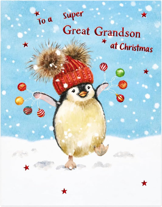 Front of Otter House Great Grandson Christmas card with penguin in red hat, colourful baubles and snowy blue background