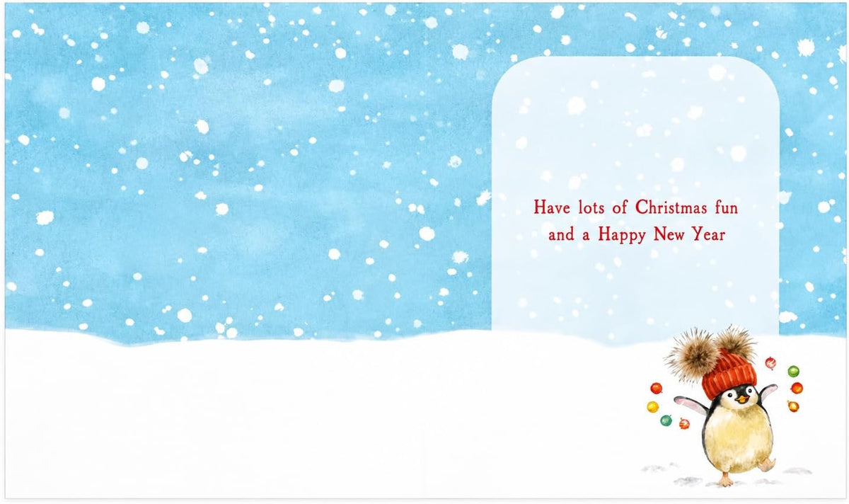Inside of Great Grandson Christmas card with penguin and message Have lots of Christmas fun and a Happy New Year