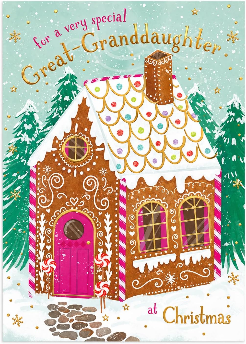 Otter House Great Granddaughter Christmas card front featuring gingerbread house, pink door, snow-covered fir trees and gold lettering
