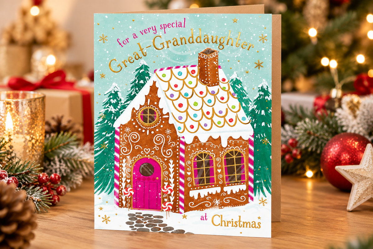Great Granddaughter gingerbread house Christmas card displayed upright on a festive table with candle, greenery and decorations