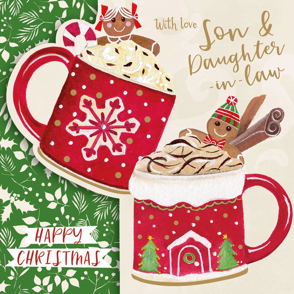 Close-up of Son and Daughter-in-law Christmas card showing hot chocolate mugs and Happy Christmas text