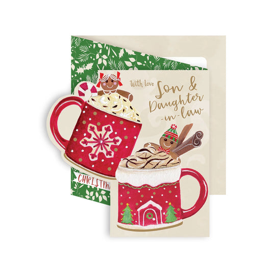 Front of Otter House Son and Daughter-in-law Christmas card with red hot chocolate mugs, gingerbread characters and gold wording