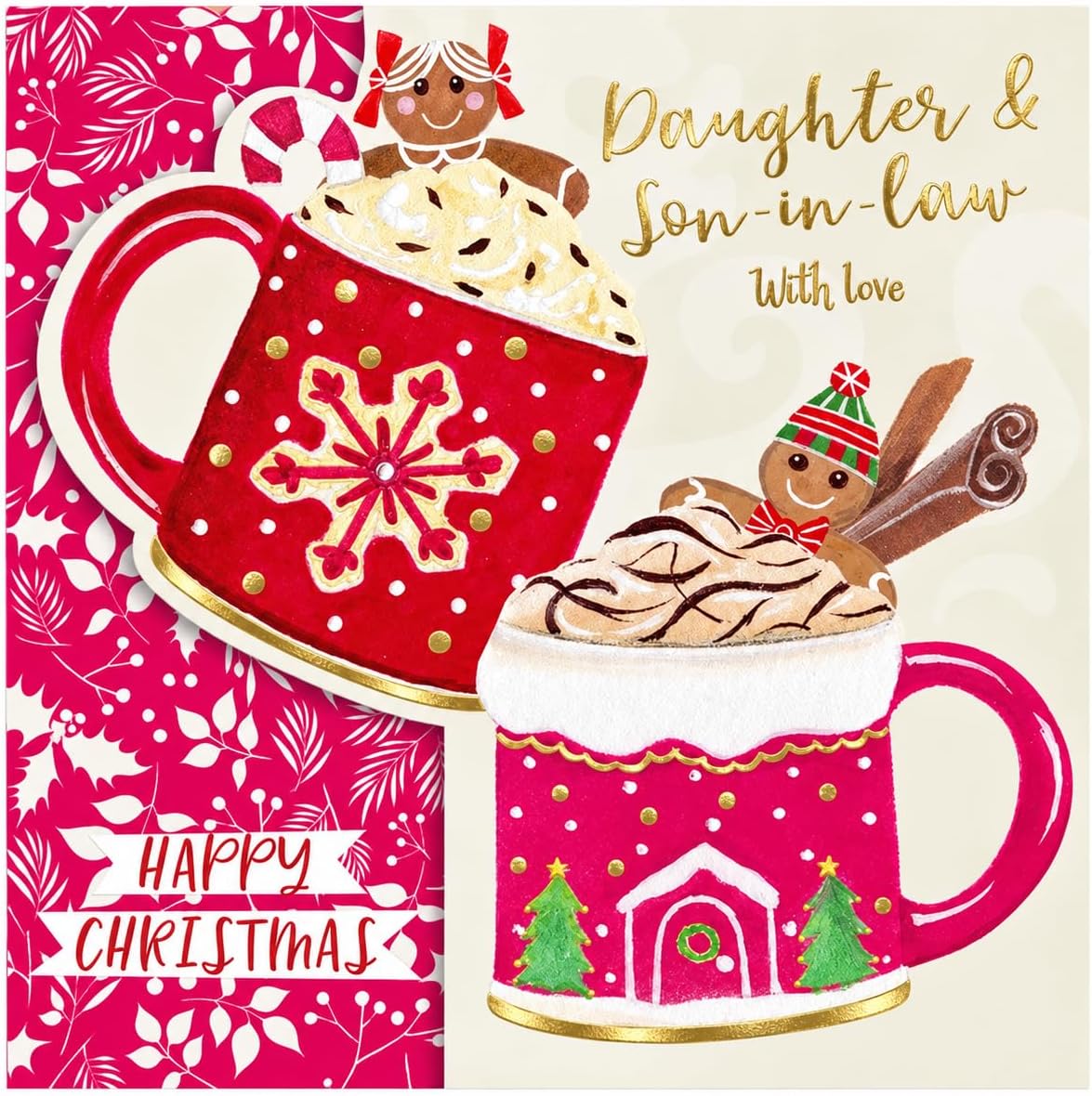 Close-up of Daughter and Son-in-law Christmas card with hot chocolate mugs, gingerbread characters and Happy Christmas greeting