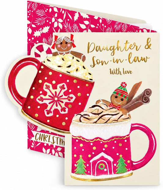 Otter House Daughter and Son-in-law Christmas card front with red hot chocolate mugs, gingerbread figures and gold lettering