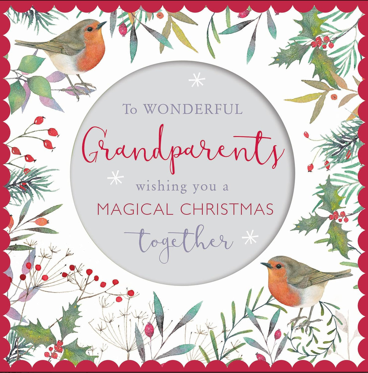 Front of Otter House Grandparents Christmas card featuring two robins, holly, red berries and magical Christmas together message